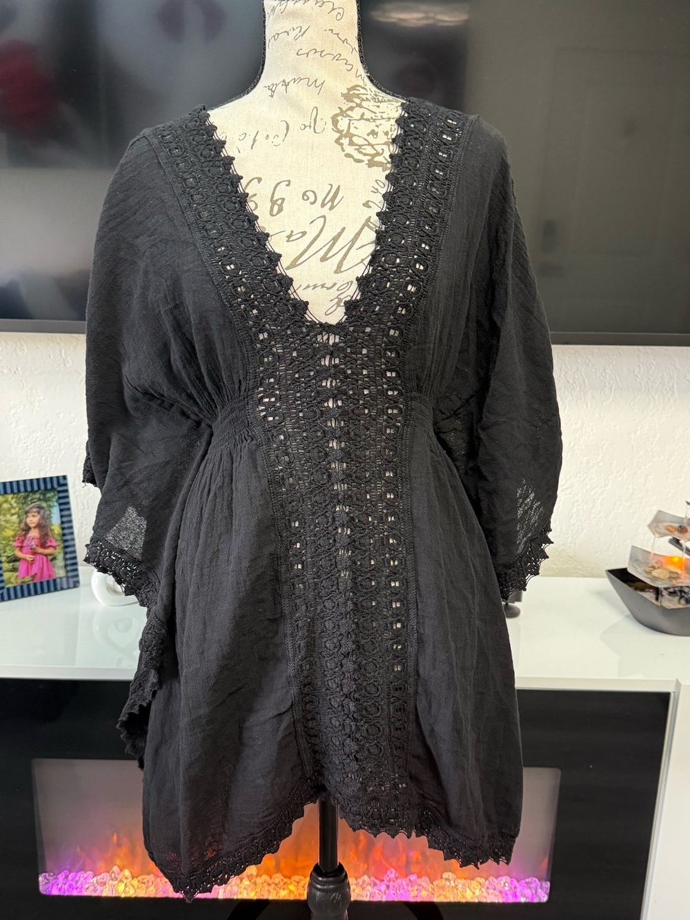 BLANCO 100% Cotton Boho Black Kimono Sleeve Tunic Dress Lace Accent Small - Picture 11 of 16